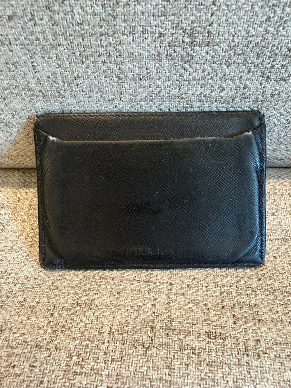 Prada Card Holder Leather Used Black Distressed Heavy Use